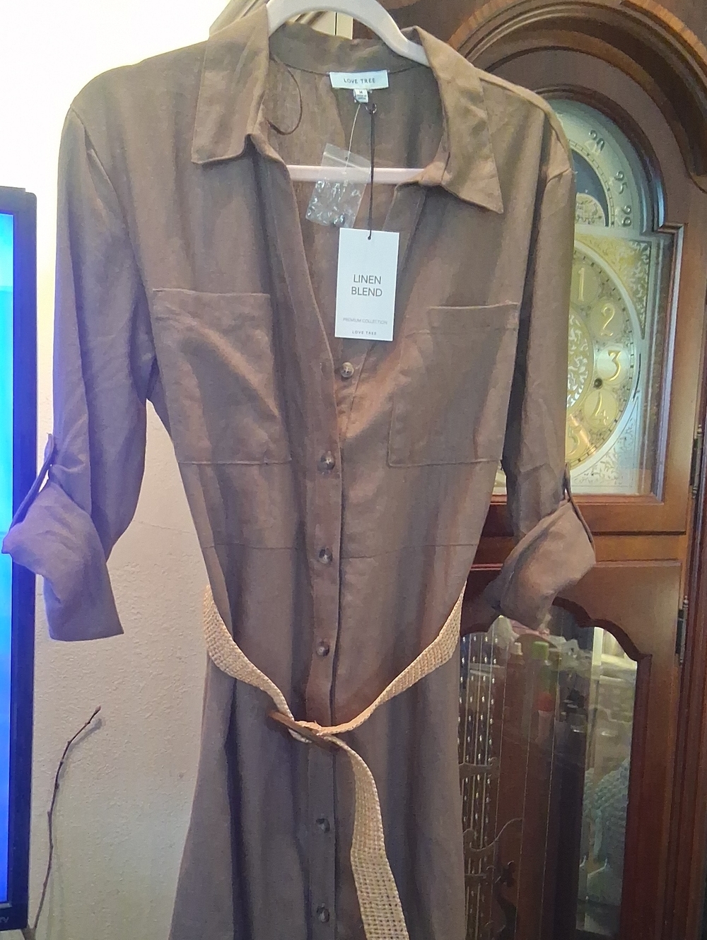 Love Tree Brown Linen-Blend Midi Shirt Dress